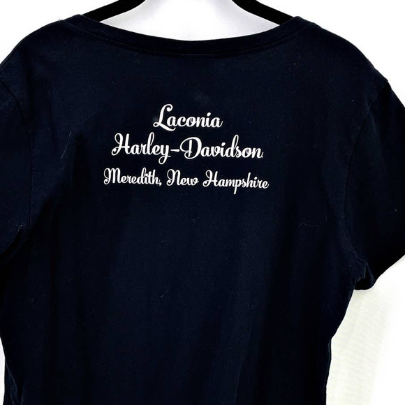 Harley Davidson Motorcycle American Flag Bling V-Neck T-shirt LG Laconia NH - Picture 3 of 4